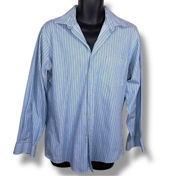 Size 16 Arrow Mens Button Front Dress Shirt Long Sleeve  Fitted Blue Striped - Picture 1 of 11